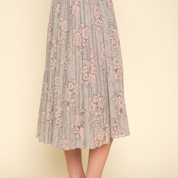 MYSTREE Purple and Pink Floral Lace Pleated Midi Skirt, Romantic Chic Spring - Picture 2 of 7